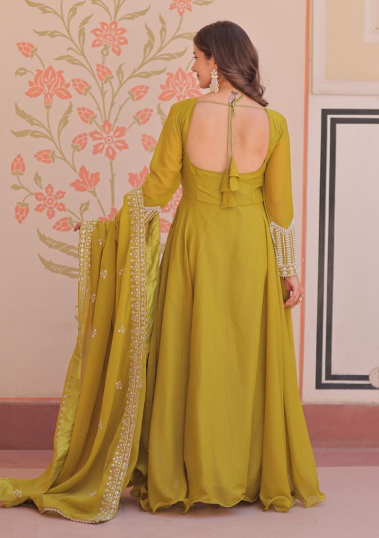 Perrot Beads Work Georgette Anarkali With Dupatta - Indya