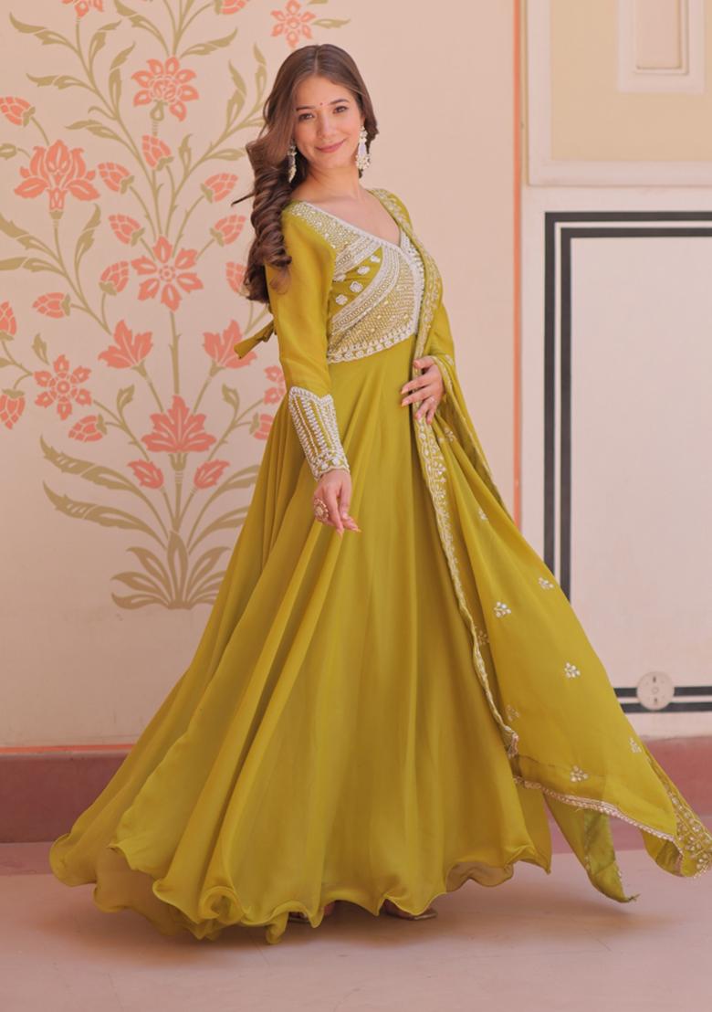 Perrot Beads Work Georgette Anarkali With Dupatta - Indya