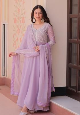 Purple Beads Work Georgette Anarkali With Dupatta