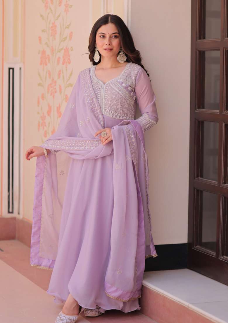 Purple Beads Work Georgette Anarkali With Dupatta - Indya