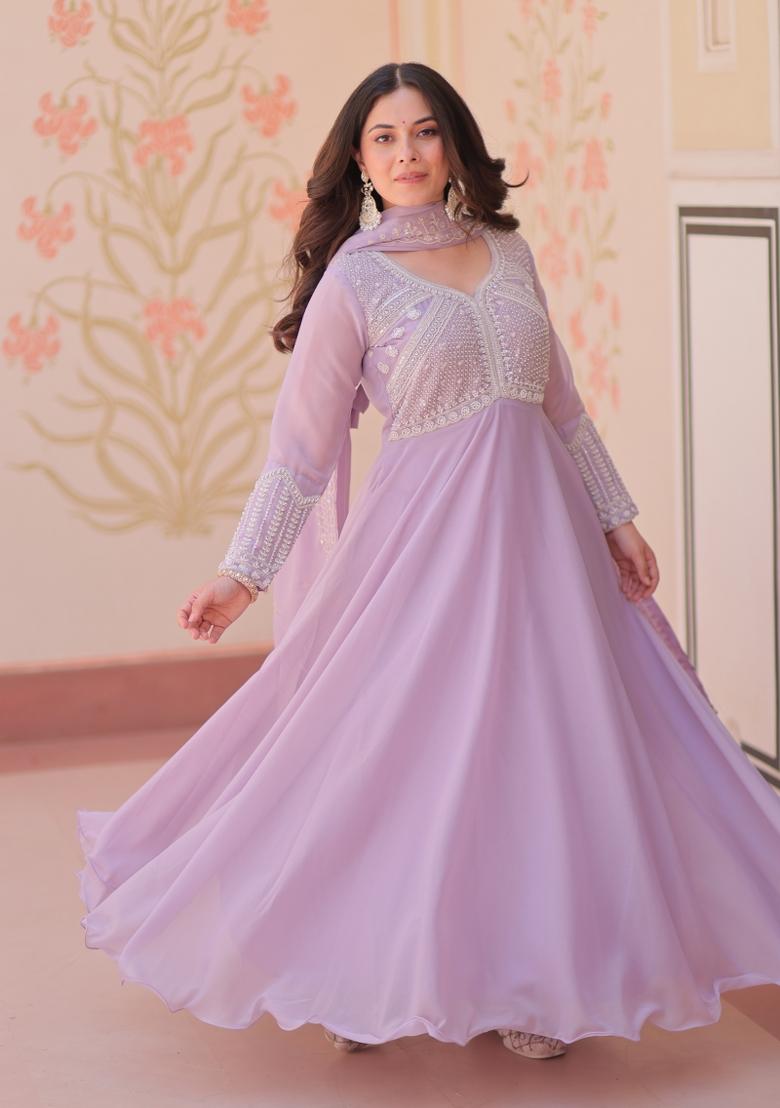 Purple Beads Work Georgette Anarkali With Dupatta - Indya