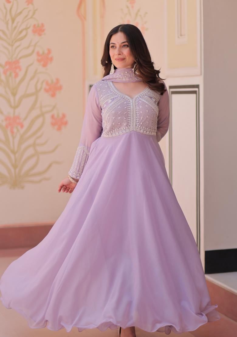 Purple Beads Work Georgette Anarkali With Dupatta - Indya
