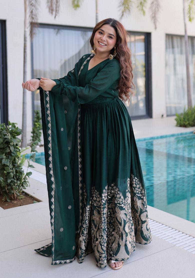 Green Embroidered Rangoli Crush Anarkali With Dupatta - Indya