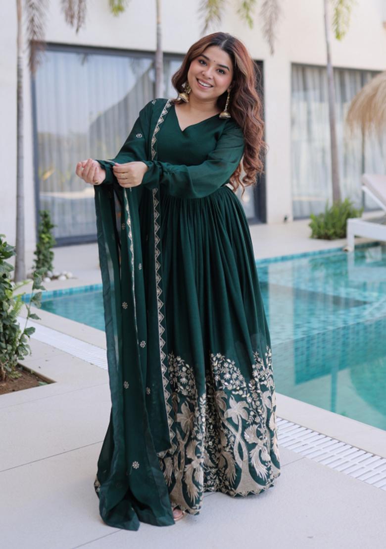 Green Embroidered Rangoli Crush Anarkali With Dupatta - Indya