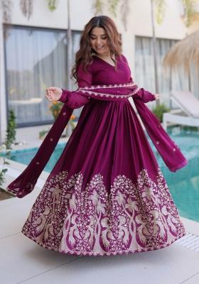 Wine Embroidered Rangoli Crush Anarkali With Dupatta