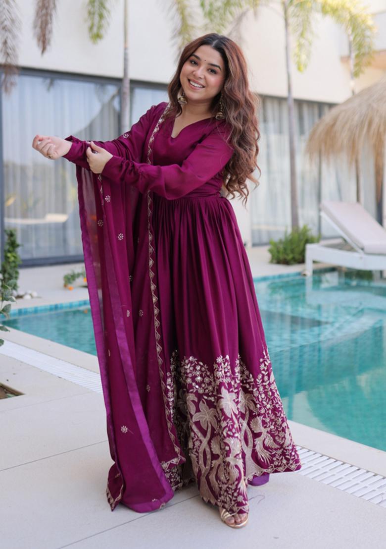 Wine Embroidered Rangoli Crush Anarkali With Dupatta - Indya