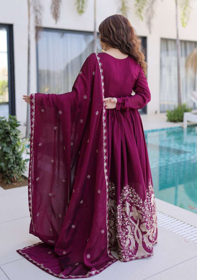 Wine Embroidered Rangoli Crush Anarkali With Dupatta - Indya