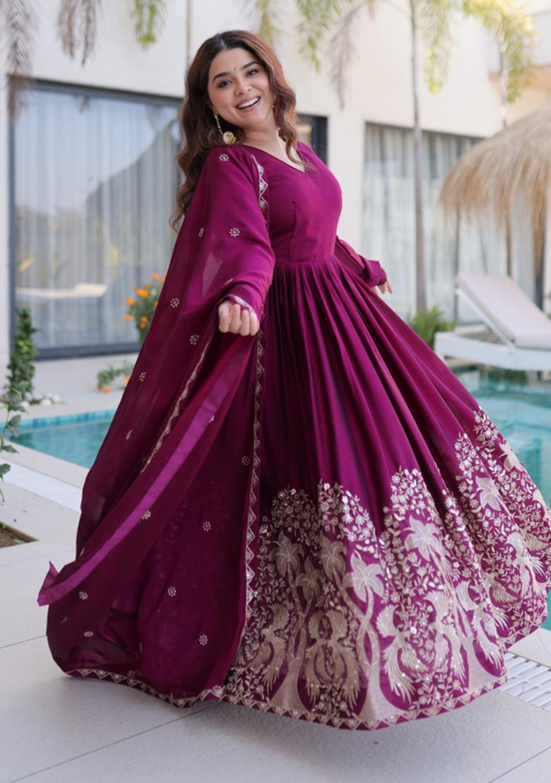 Wine Embroidered Rangoli Crush Anarkali With Dupatta - Indya