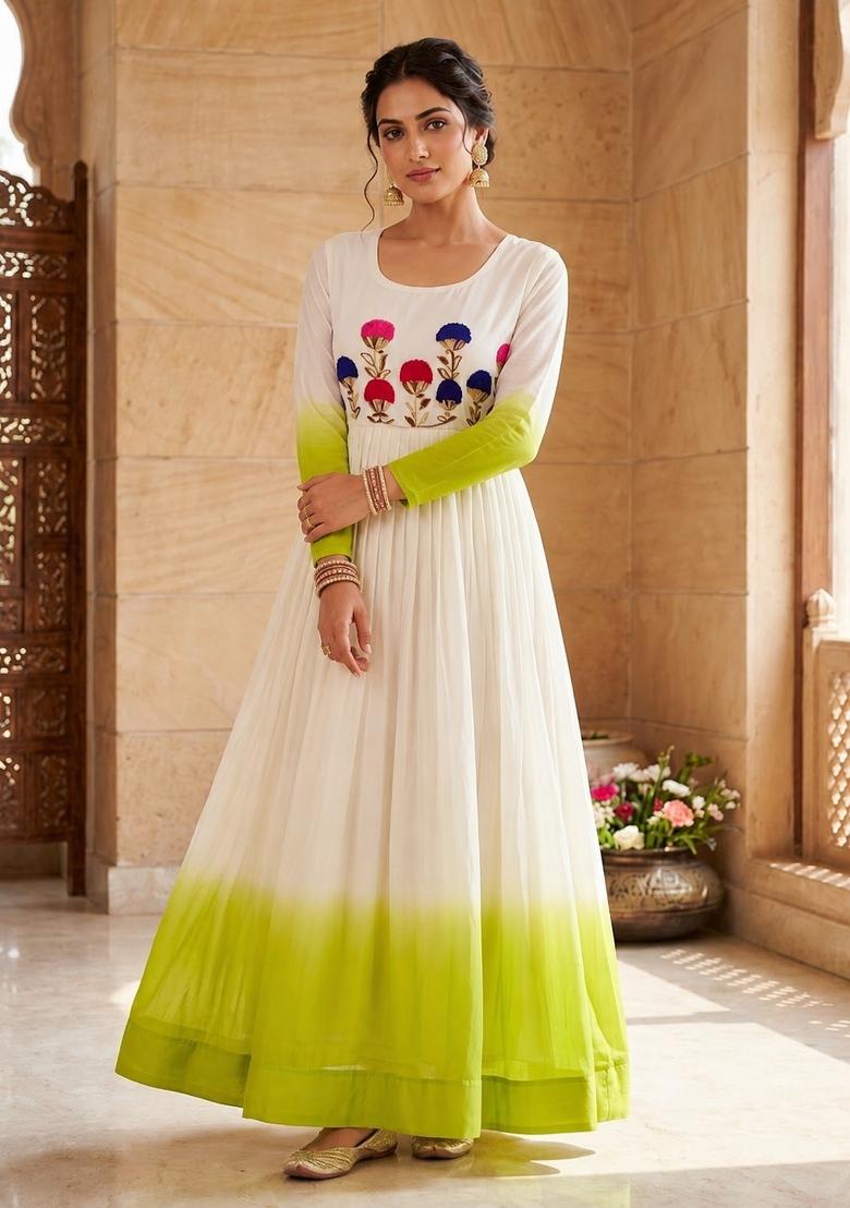 Green Embroidered Georgette Anarkali With Dupatta - Indya