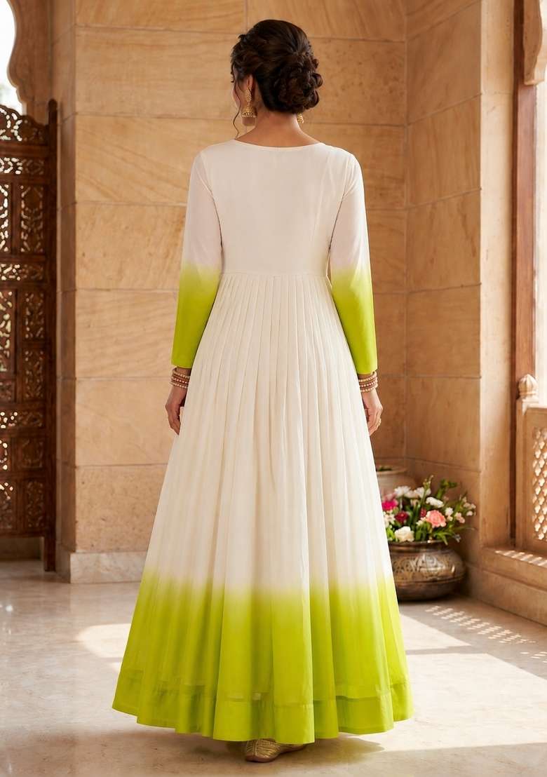 Green Embroidered Georgette Anarkali With Dupatta - Indya