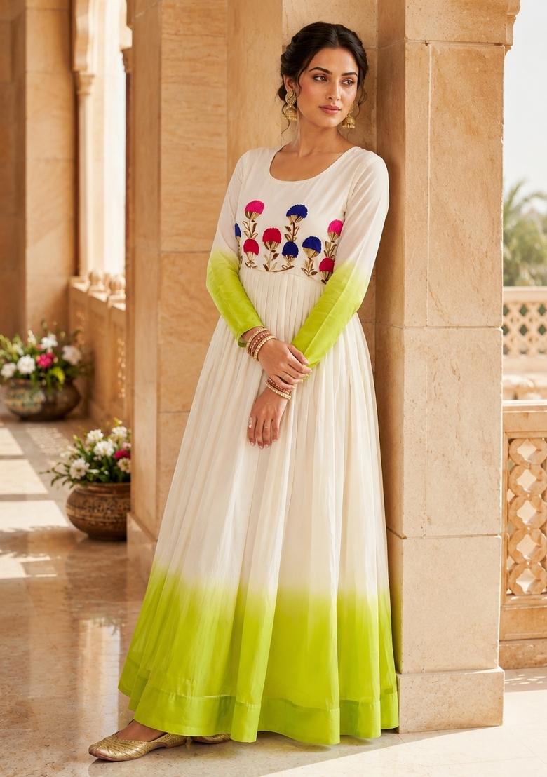 Green Embroidered Georgette Anarkali With Dupatta - Indya