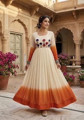 Orange Embroidered Georgette Anarkali With Dupatta
