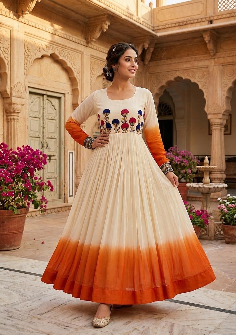 Orange Embroidered Georgette Anarkali With Dupatta - Indya