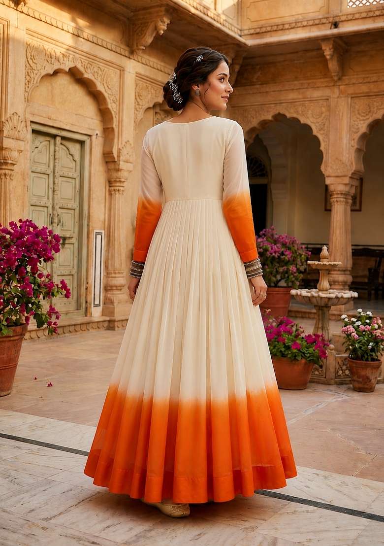 Orange Embroidered Georgette Anarkali With Dupatta - Indya