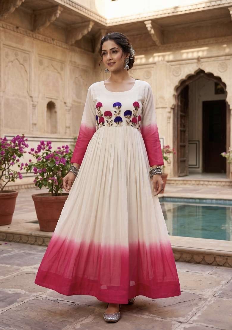 Pink Embroidered Georgette Anarkali With Dupatta - Indya
