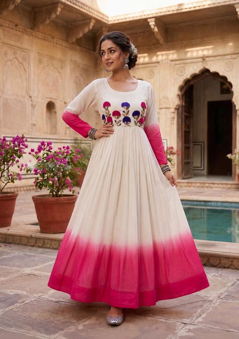 Pink Embroidered Georgette Anarkali With Dupatta - Indya