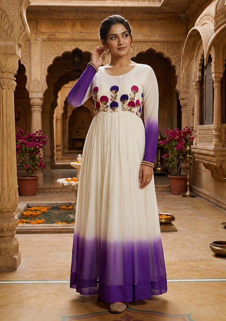 Purple Embroidered Georgette Anarkali With Dupatta - Indya