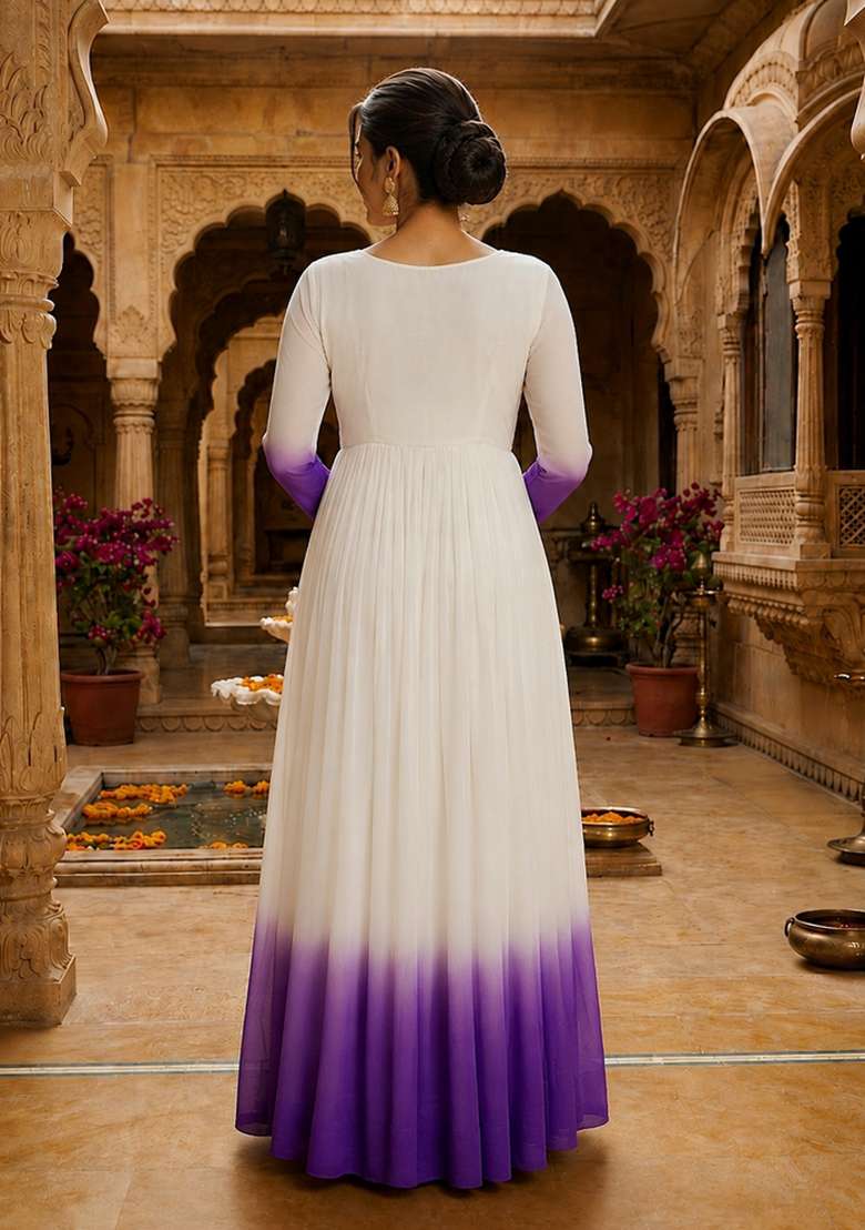 Purple Embroidered Georgette Anarkali With Dupatta - Indya