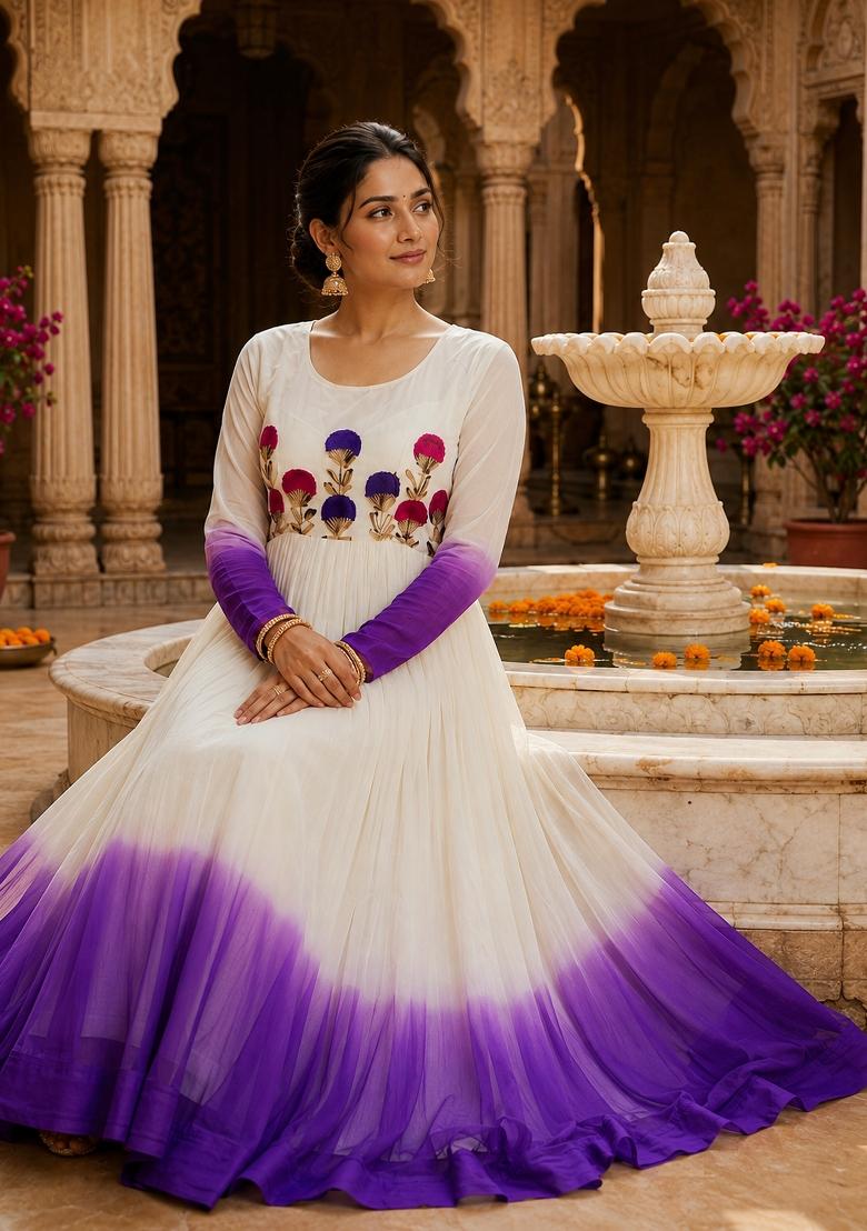 Purple Embroidered Georgette Anarkali With Dupatta - Indya