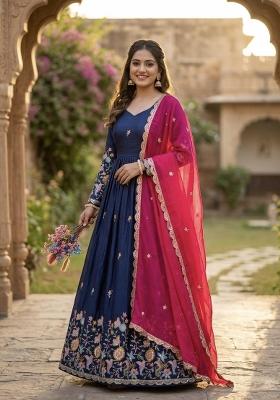 Blue Embroidered Silk Anarkali With Dupatta