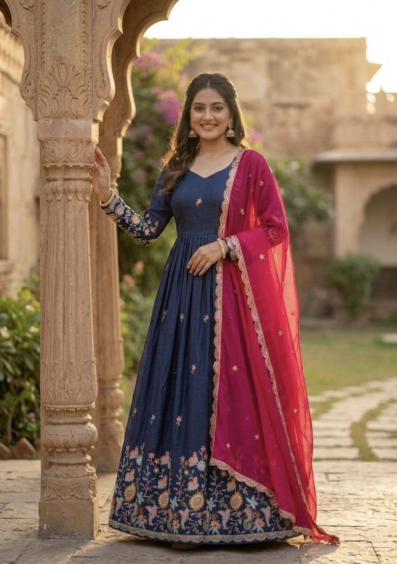 Blue Embroidered Silk Anarkali With Dupatta - Indya