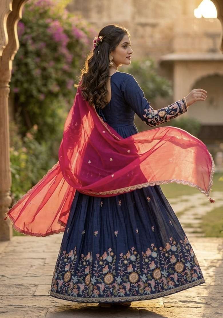 Blue Embroidered Silk Anarkali With Dupatta - Indya
