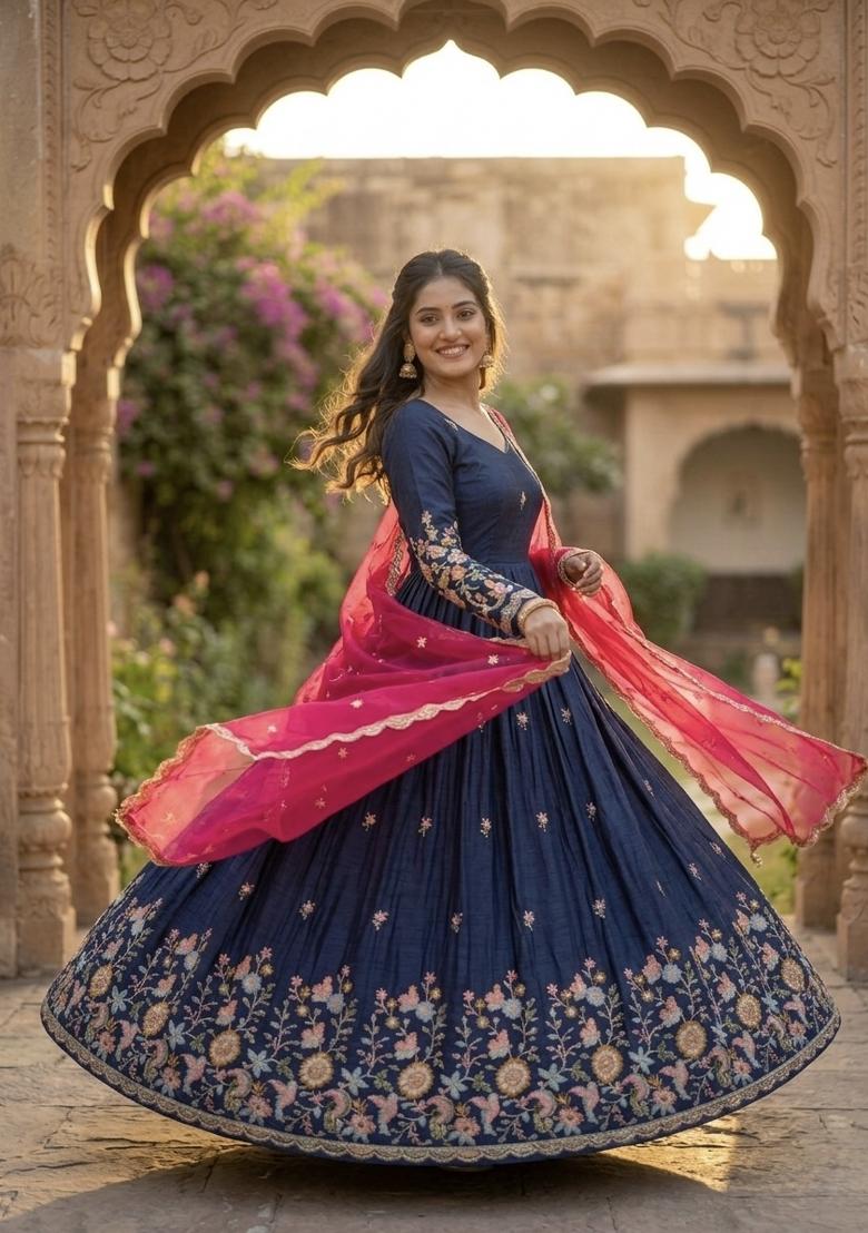 Blue Embroidered Silk Anarkali With Dupatta - Indya