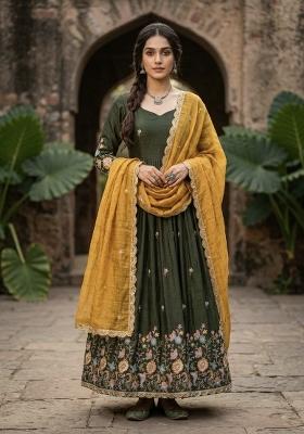 Mehendi Embroidered Silk Anarkali With Dupatta