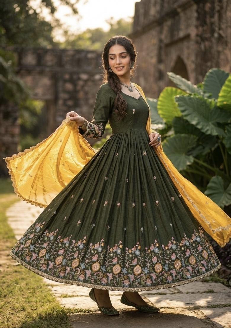 Mehendi Embroidered Silk Anarkali With Dupatta - Indya