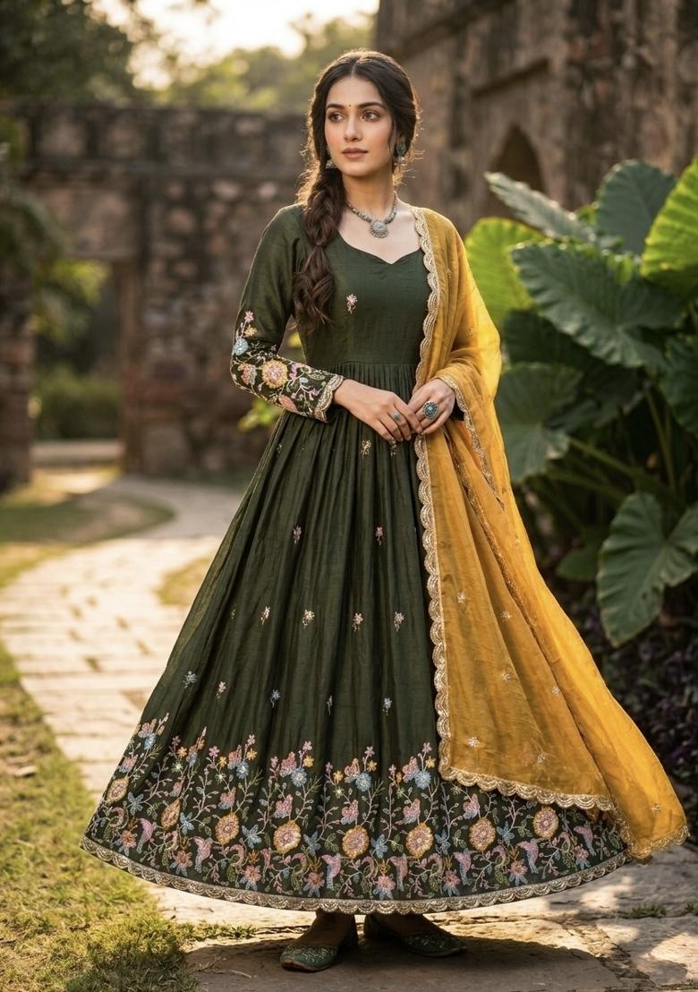 Mehendi Embroidered Silk Anarkali With Dupatta - Indya