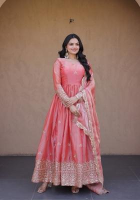 Peach Embroidered Silk Anarkali With Dupatta