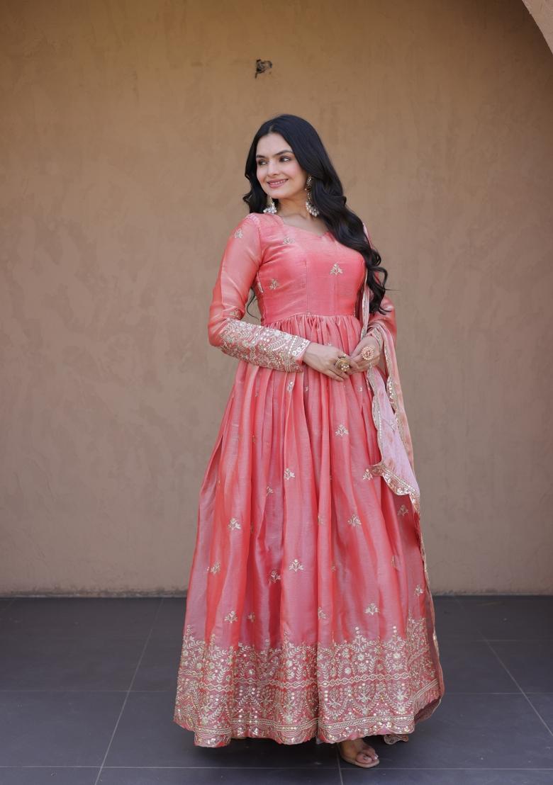 Peach Embroidered Silk Anarkali With Dupatta - Indya