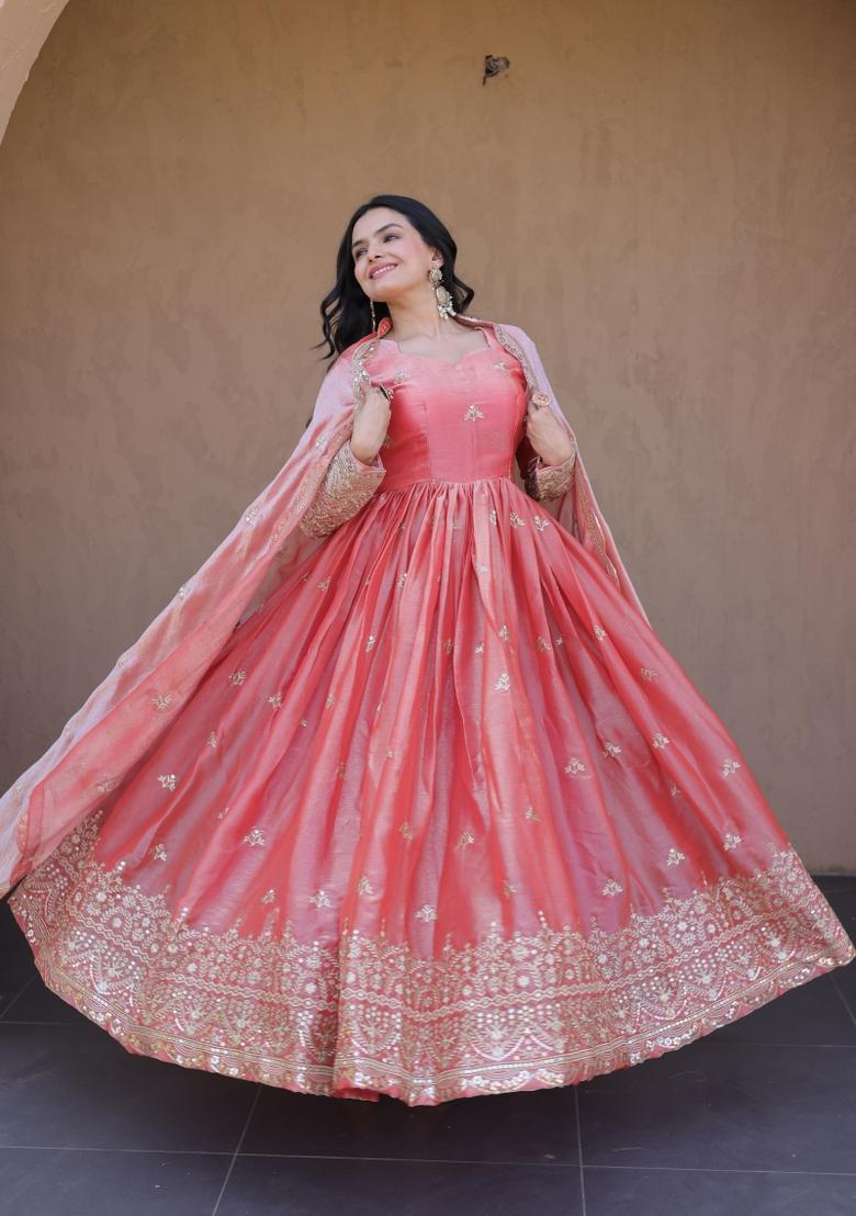 Peach Embroidered Silk Anarkali With Dupatta - Indya