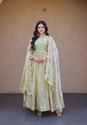 Pista Embroidered Silk Anarkali With Dupatta