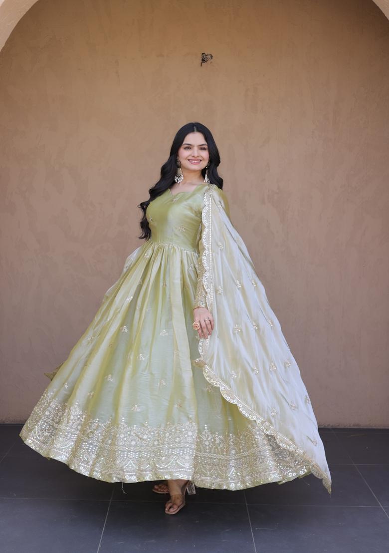 Pista Embroidered Silk Anarkali With Dupatta - Indya