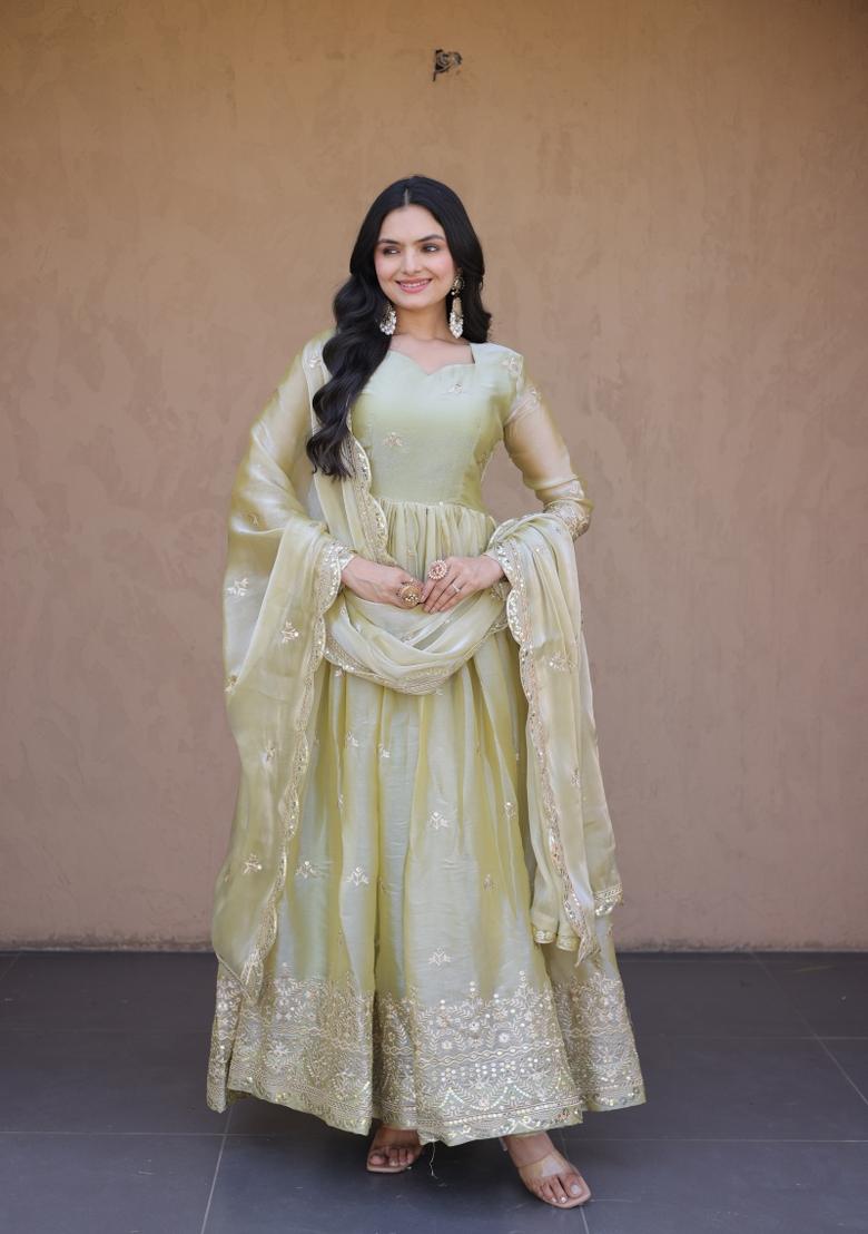 Pista Embroidered Silk Anarkali With Dupatta - Indya