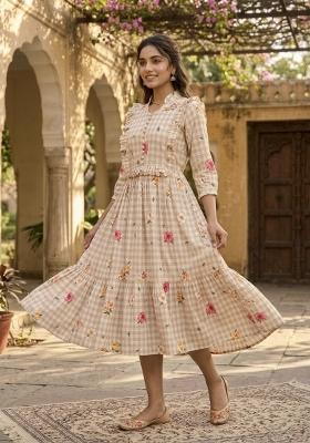 Beige Printed Silk Anarkali With Dupatta