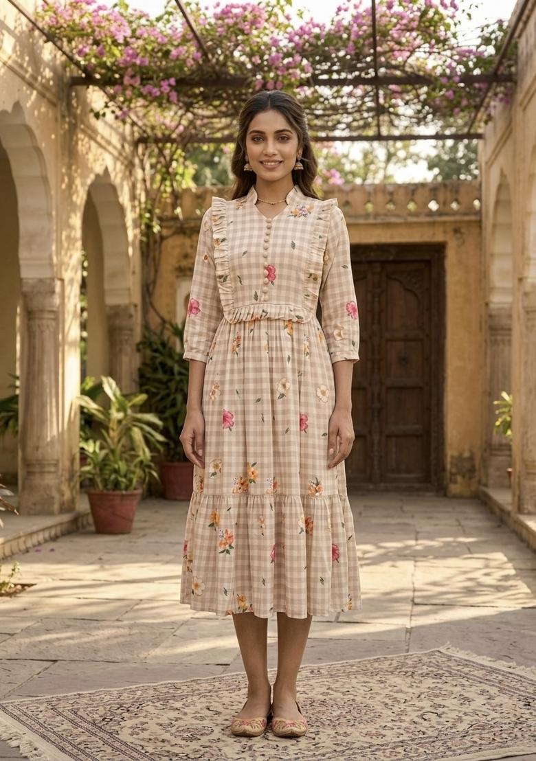 Beige Printed Silk Anarkali With Dupatta - Indya