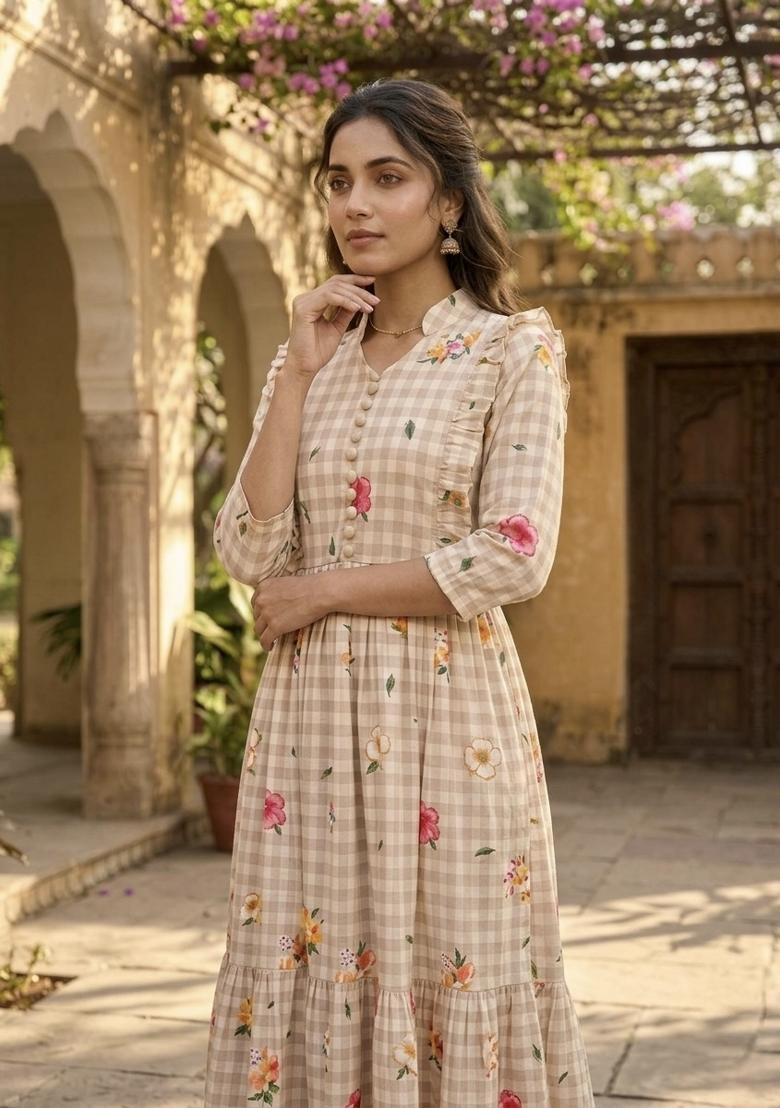 Beige Printed Silk Anarkali With Dupatta - Indya