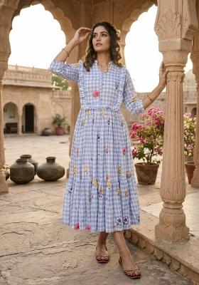 Sky Blue Printed Silk Anarkali With Dupatta