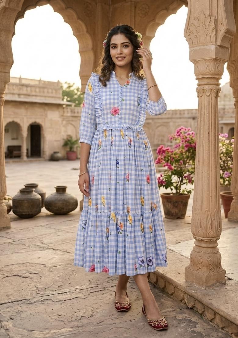 Sky Blue Printed Silk Anarkali With Dupatta - Indya