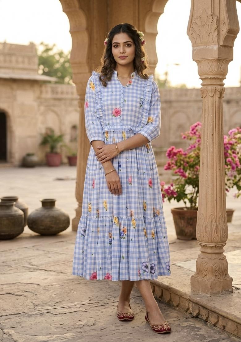 Sky Blue Printed Silk Anarkali With Dupatta - Indya