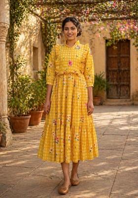 Yellow Printed Silk Anarkali With Dupatta
