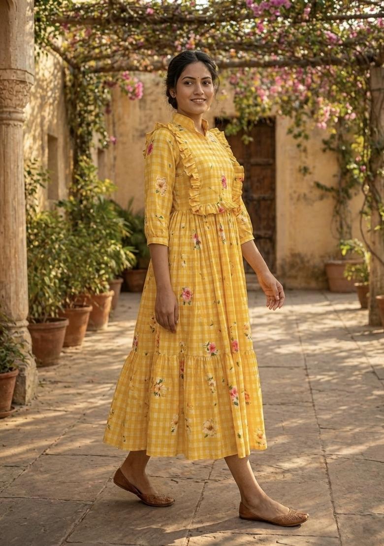 Yellow Printed Silk Anarkali With Dupatta - Indya