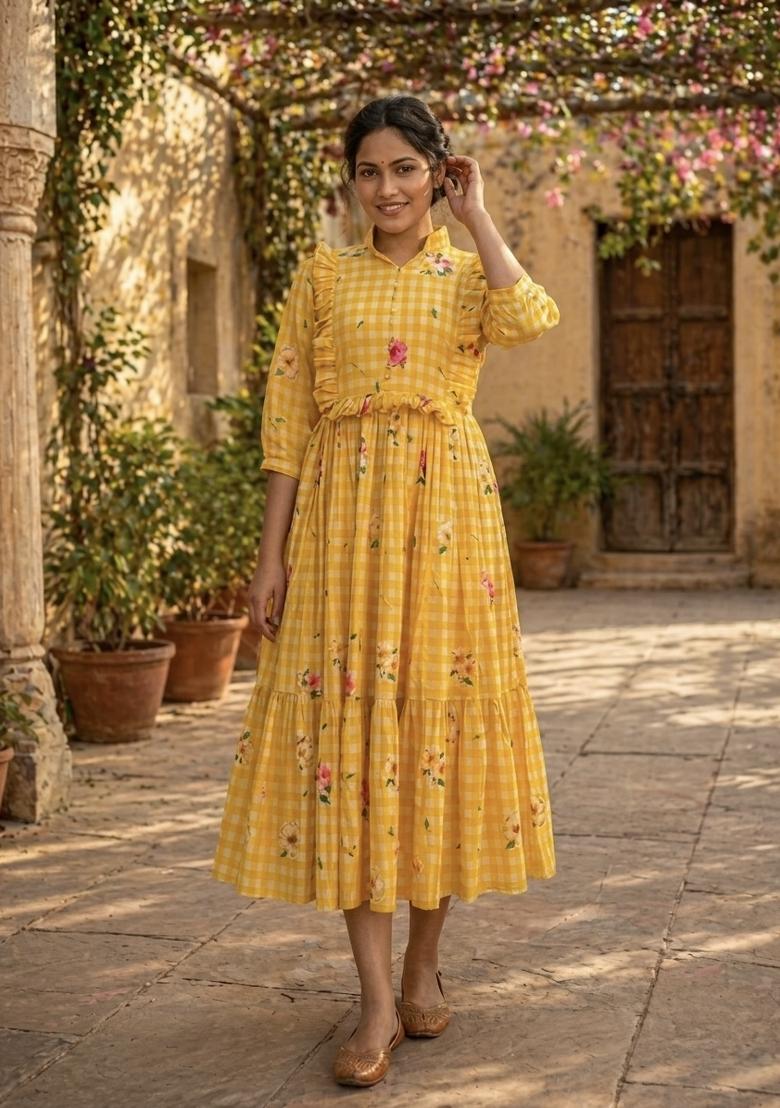 Yellow Printed Silk Anarkali With Dupatta - Indya