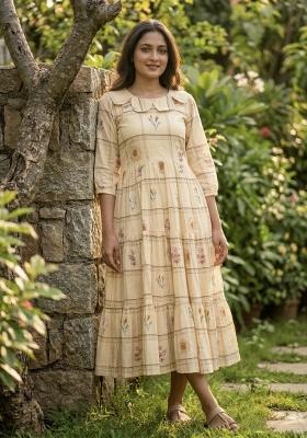 Cream Printed Silk Anarkali With Dupatta