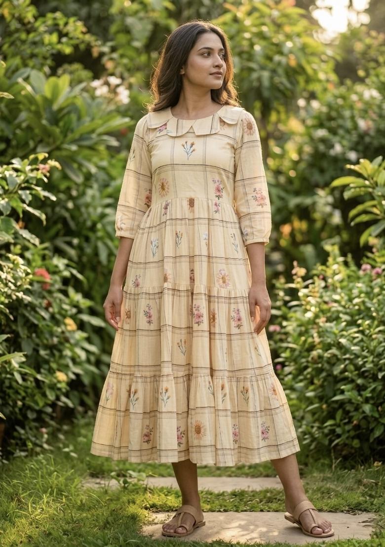 Cream Printed Silk Anarkali With Dupatta - Indya
