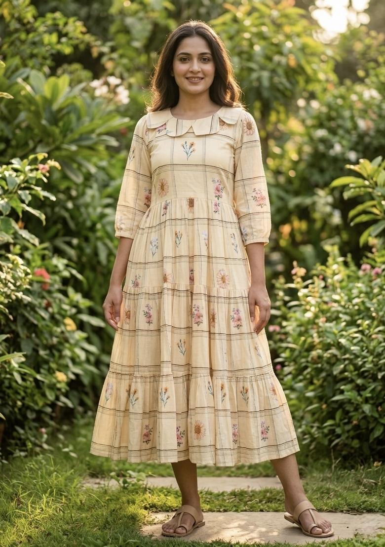 Cream Printed Silk Anarkali With Dupatta - Indya
