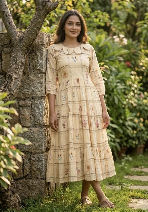 Cream Printed Silk Anarkali With Dupatta