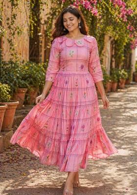 Pink Printed Silk Anarkali With Dupatta